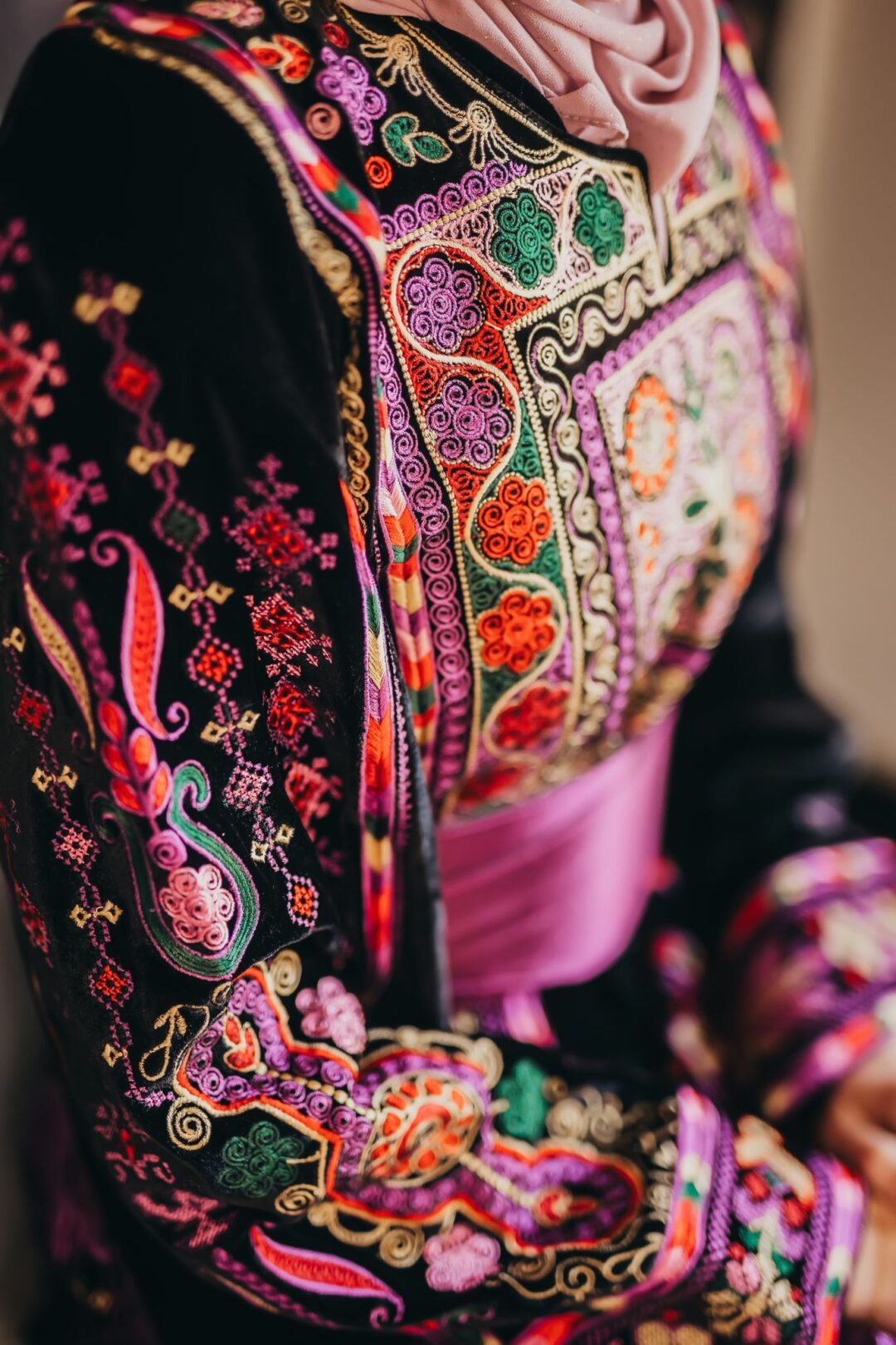 Velvet Purple Color Full Embroidery Falahi Palestinian Thobe - Image 6