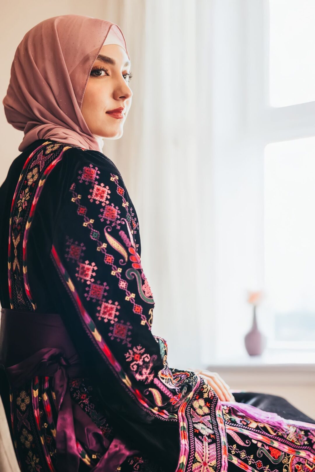 Velvet Purple Color Full Embroidery Falahi Palestinian Thobe - Image 4
